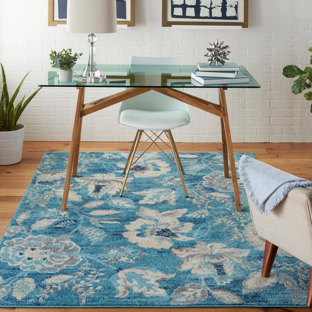 Turquoise Floral Synthetic Rectangular 5' x 7' Area Rug
