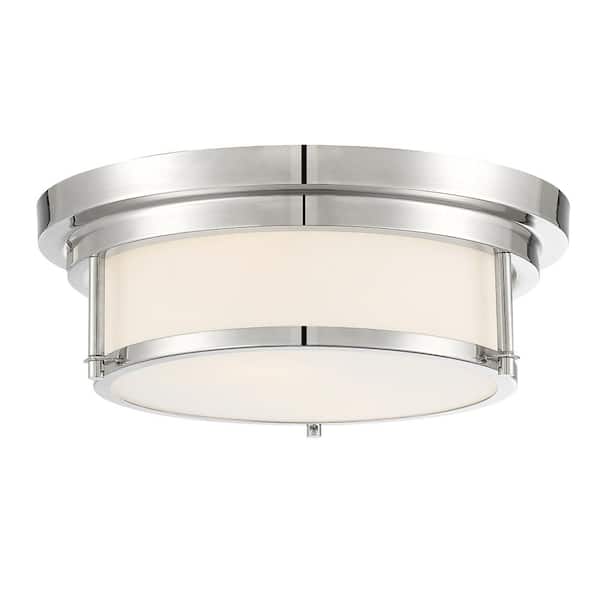 Savoy House 13 in. W x 4.5 in. H 2-Light Polished Nickel Flush Mount Light with White Glass Cylindrical Shade