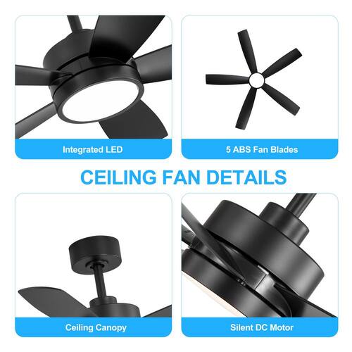 Ezekiel 52 in. Indoor Black Modern Ceiling Fan with Color-Changing LED with Remote and Propeller Blades Included Ceiling Fans With Lights