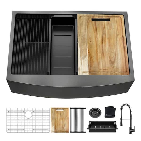 Glacier Bay 33 in. Farmhouse/Apron-Front Single Bowl 18 Gauge Gunmetal Black Stainless Steel Workstation Kitchen Sink with Faucet