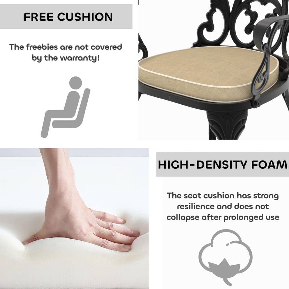 Close-up of a beige seat cushion on a black aluminum chair and a hand pressing into foam.
