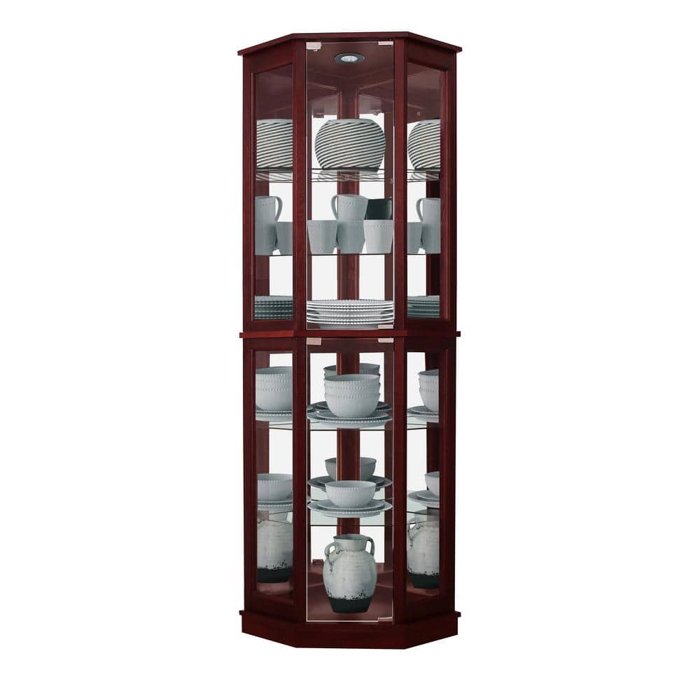 Cherry Lighted Corner Curio Cabinet with Glass Shelves