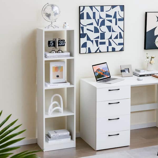 15 in. Wide Bookcase White 4-Cube Bookshelf with 4 Anti-Tipping Kits Compact Toy Storage Cabinet Bookcase