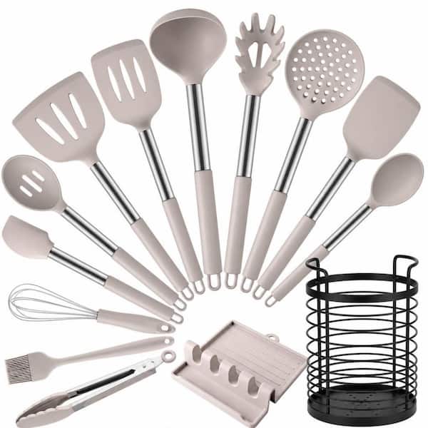 Beige Heat Resistant 14-Piece Silicone Kitchen Utensil Set, Non-Stick Cooking Tools with Storage Holder, Dishwasher Safe