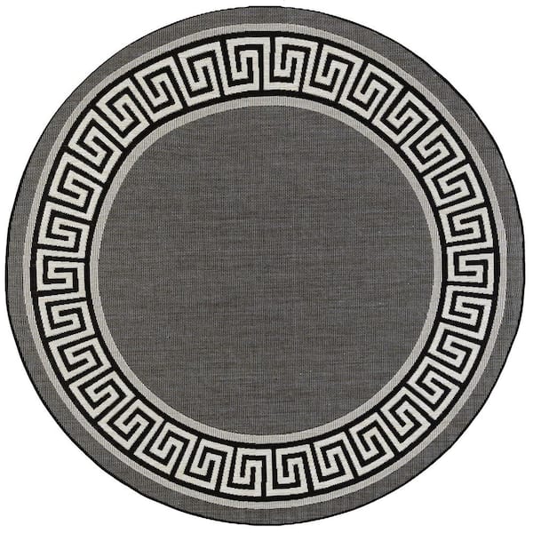 Tayse Rugs Eco Greek Key Black 6 ft. Round Indoor/Outdoor Area Rug