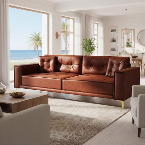 FALS 92.1 in. Square Arm 2-Piece Faux Leather Modern Convertible with King Size Bed Sectional Sofa in Cognac Brown