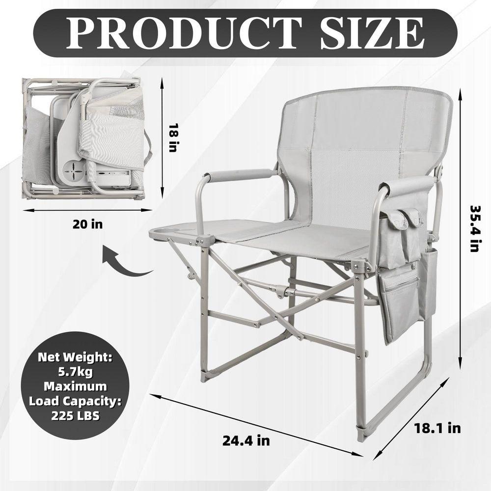 Product size diagram for the gray folding lawn chair.