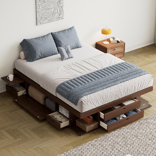 Harper & Bright Designs Walnut(Brown) Wood Frame Queen Size Platform Bed with Multiple Storage Drawers, Cabinets and Shelves