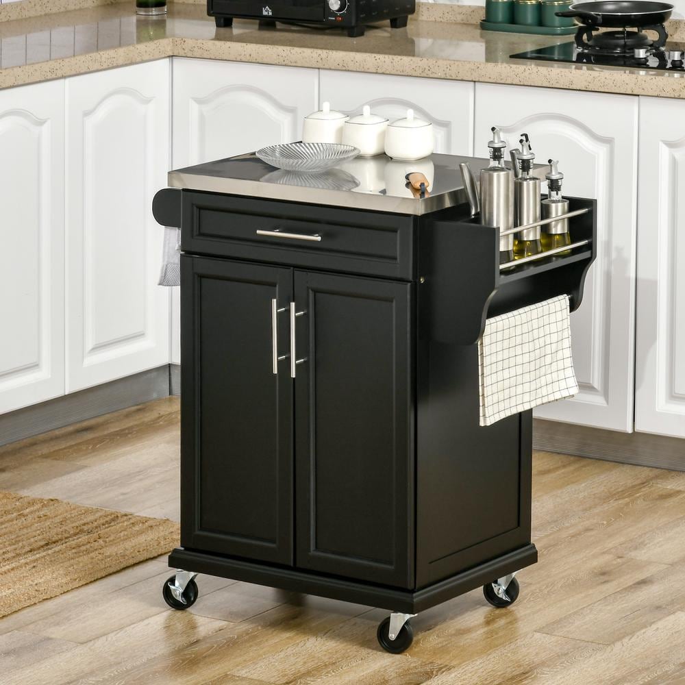 Black Stainless Steel Kitchen Cart with Spice Rack and Storage