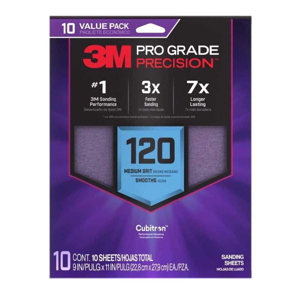 3M Pro Grade Precision 9 in. x 11 in. 120 Grit Faster Sanding Sheets with No-Slip Grip Backing (10-Pack)