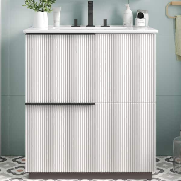 30 in. Single Sink Freestanding White Bath Vanity with White Ceramic Top and 2 Drawers Cabinet Unassembled