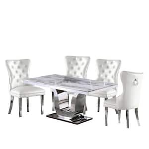Ada 5-Piece White Marble Top Stainless Steel Base Table Set, 4 White Faux Leather Chairs W/Nail Head Trim & Back Handle