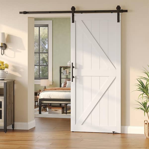 Bestier 36 in. x 84 in. Paneled off White Primed K Shape MDF Sliding Barn Door Slab with Hardware Kit
