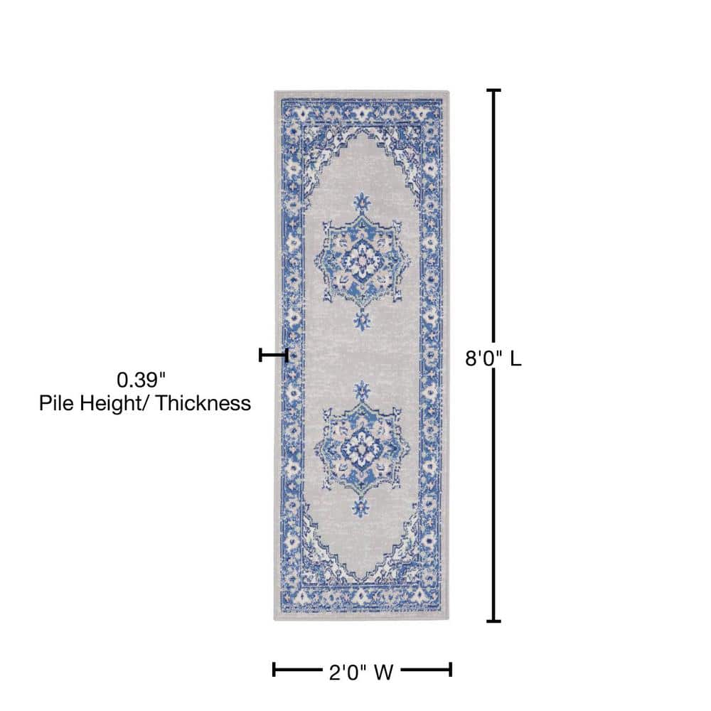 Grey Blue Floral Synthetic Runner Rug 2' x 8'