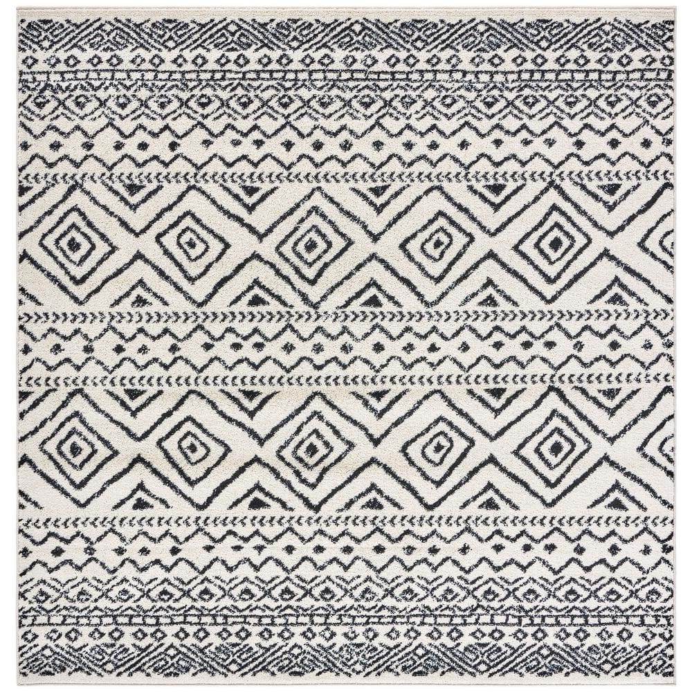 Ivory & Black Geometric Hand-Knotted Square Area Rug