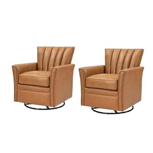 Adela Camel Genuine Leather Swivel Rocking Chair with Nailhead Trims and Metal Base (Set of 2)