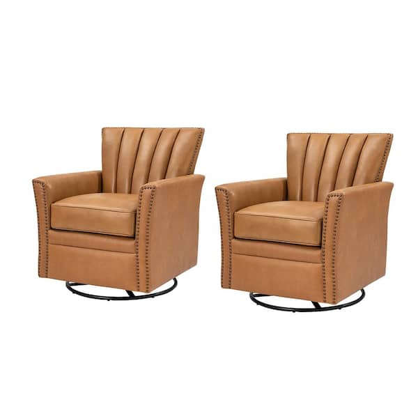 JAYDEN CREATION Adela Camel Genuine Leather Swivel Rocking Chair with Nailhead Trims and Metal Base (Set of 2)