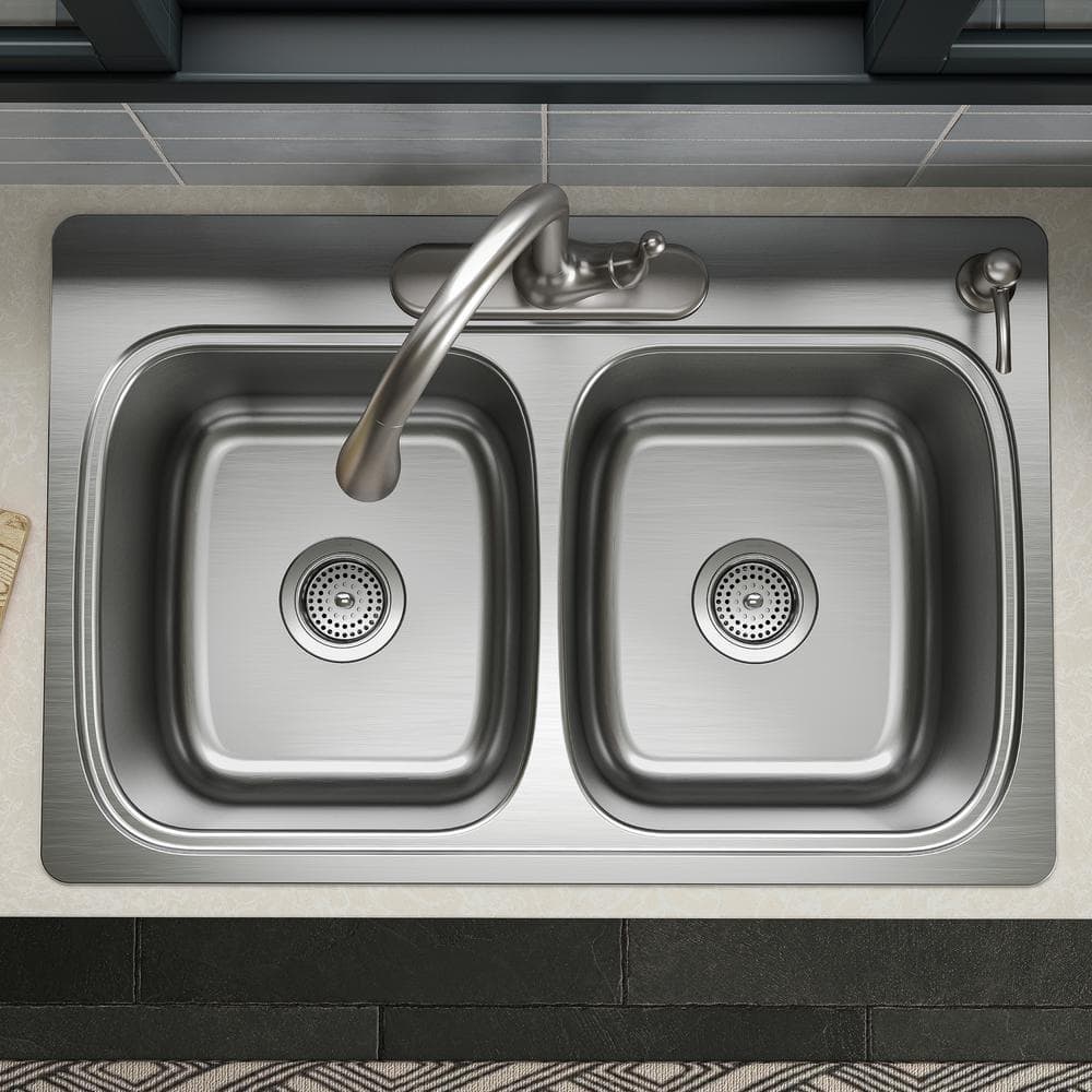 33'' Brushed Stainless Steel Double Bowl Drop-In Kitchen Sink