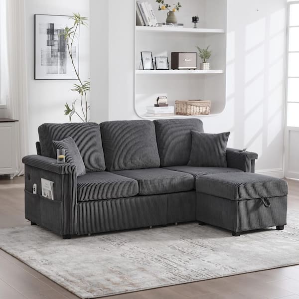 Elena 76.38 in. Corduroy L-Shaped Sectional Sofa in. Dark Gray with Pull-Out Storage, Ottoman, USB Charging, Cup Holder