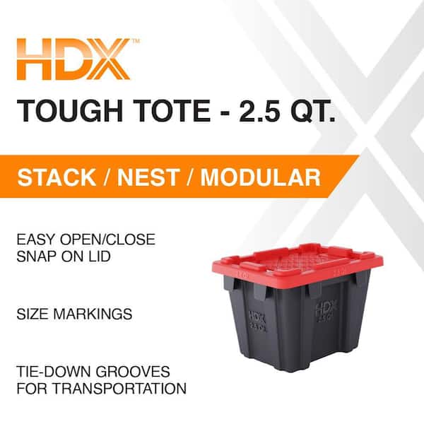 2.5 qt. Tough Storage Tote in Black with Red Lid