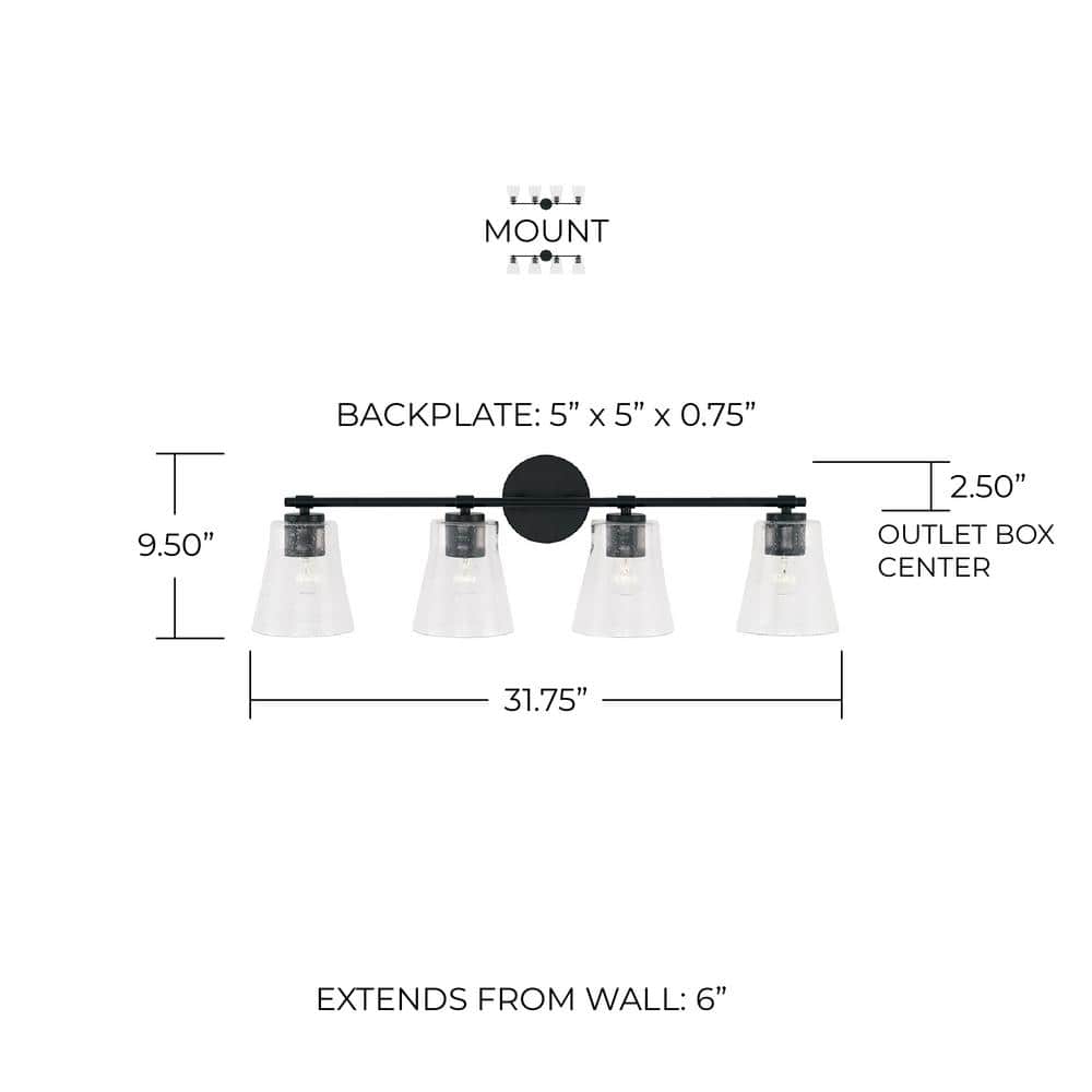 Baker Matte Black 4-Light Vanity with Clear Seeded Glass