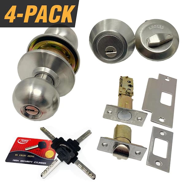 Premier Lock High Security Stainless Steel Combo Lock Set with Keyed-Alike Door Knob and Deadbolt (4-Pack)