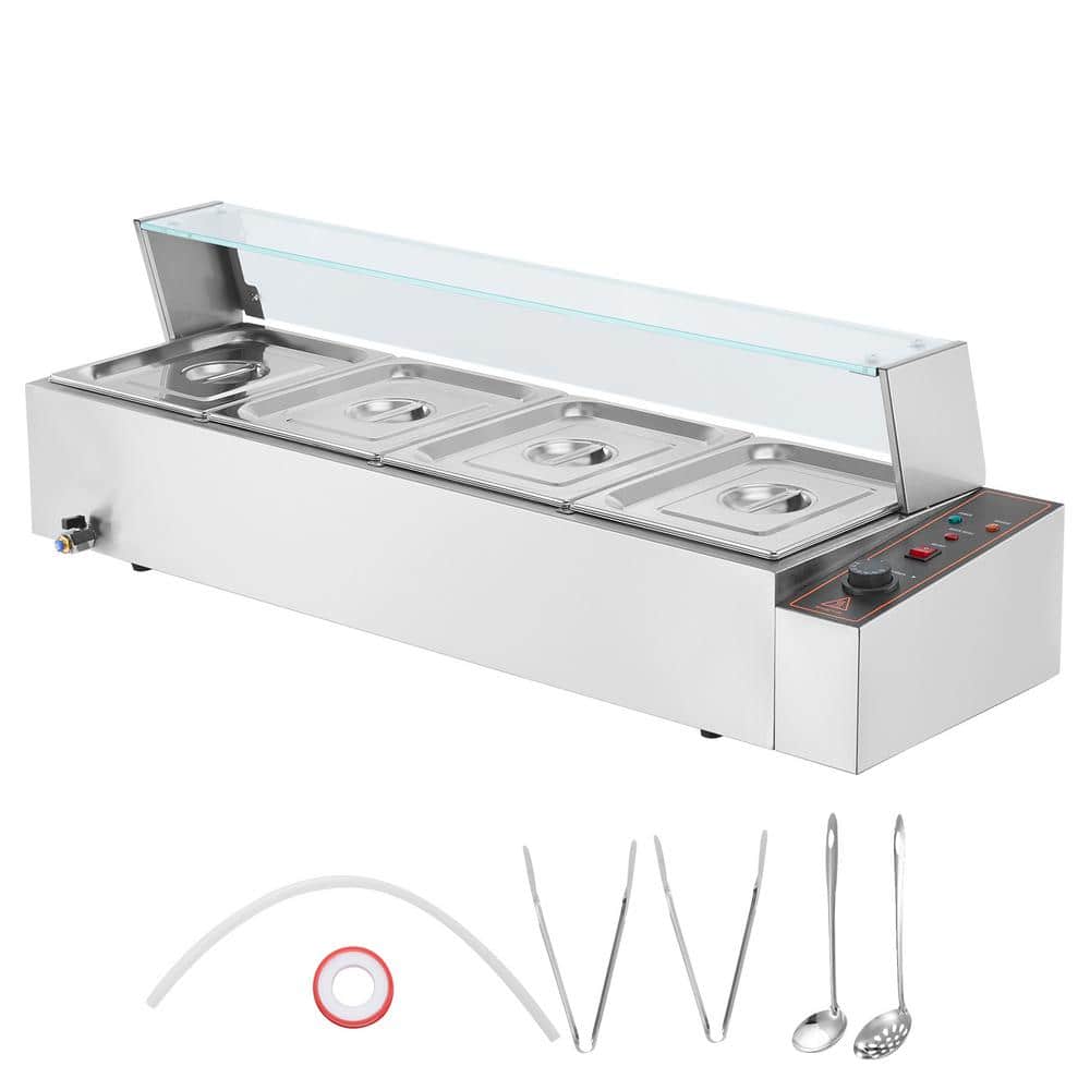 Commercial Food Warmer 4 x 8 qt. Electric Steam Table with Glass Cover, 1500W Countertop Stainless Steel, Silver, 4-Pan