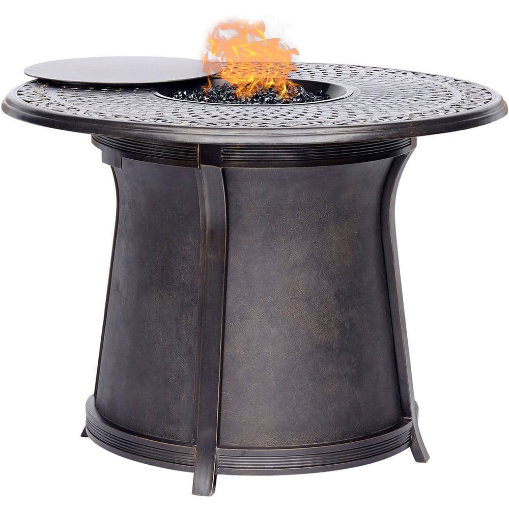 Tan Elegance 48" Aluminum High-Dining Fire Pit Set with 4 Swivel Chairs