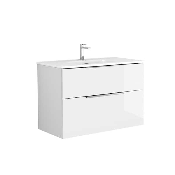 WS Bath Collections Dalia 36 in. W x 18.1 in. D x 23.8 in. H Single Sink Wall Mounted Bath Vanity in Gloss White with White Ceramic Top
