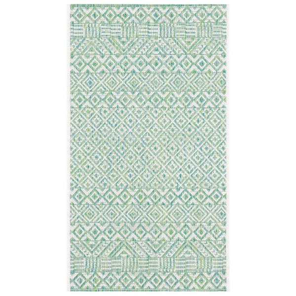 Courtyard Ivory/Green 2 ft. x 4 ft. Geometric Diamond Indoor/Outdoor Area Rug