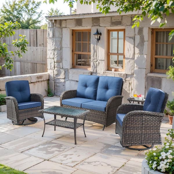 SleekArm 5-Piece Brown Wicker Patio Conversation Set with Olefin Blue Cushion/Glider Loveseat with Patio Swivel Chairs