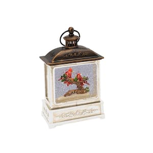 8.25 in. H B/O Winter Lighted Spinning Water Lantern with Cardinals and Poinsettias Scene and Timer