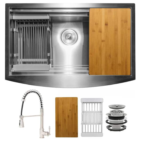 Handmade All-in-One Farmhouse Stainless Steel 33 in. x 20 in. Single Bowl Kitchen Sink with Spring Neck Faucet Accessory