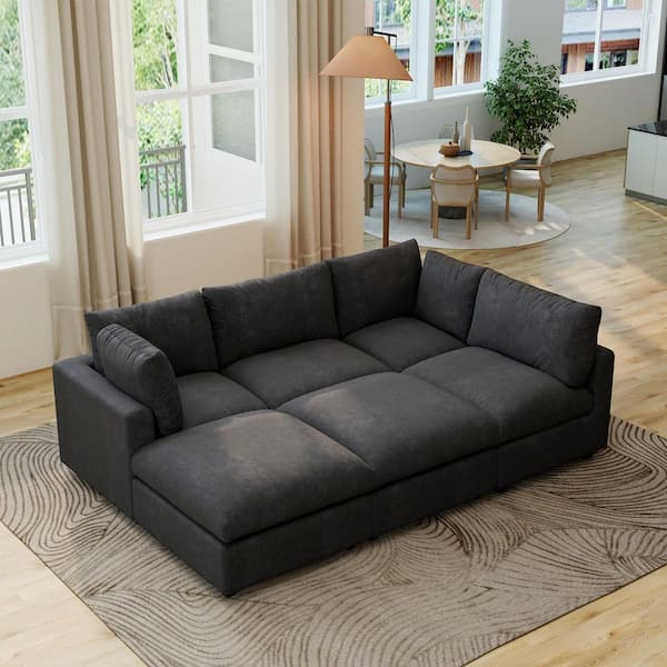 Magic Home 100 in. Square Arm 6-Piece Chenille L-Shaped Modualr Sectional Sofa Corner Couch with Ottomans for Gathering in. Black