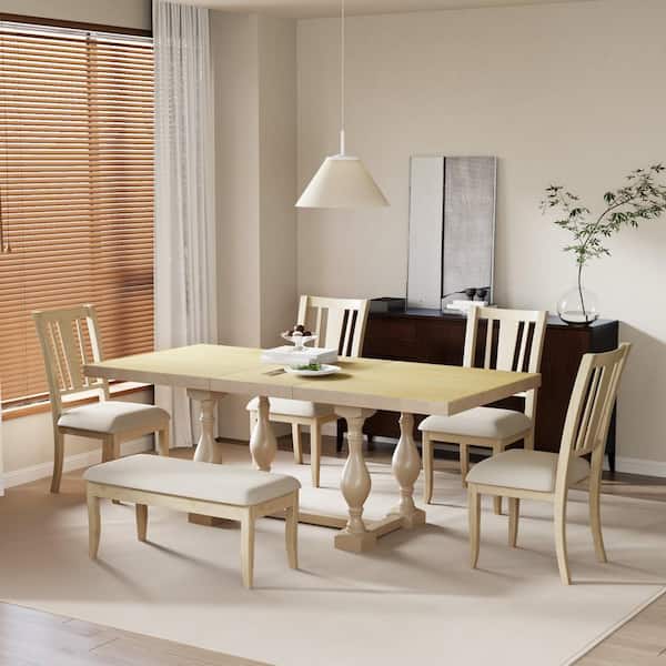 Harper & Bright Designs Natural 6-Piece Wood Top Extendable Dining Set with 18 in. Removable Leaf, 4 Dining Chairs and Bench