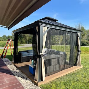 10 ft. x12 ft. Gray Aluminum Power-Coated Frame Galvanized Steel Double Roof Hardtop Gazebo,Hooks, Netting,Beige Curtain