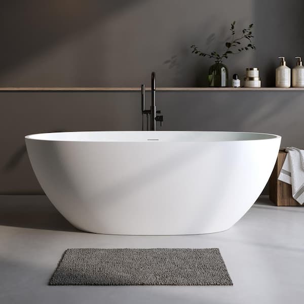 ANGELES HOME 59 in. x 30.7 in. Stone Resin Solid Surface Soaking Bathtub with Center Drain in Matte White