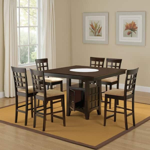 Uric Brown Square Wood Top Counter Height Dining Table Set with Wine Storage and 6-Lattice Chairs