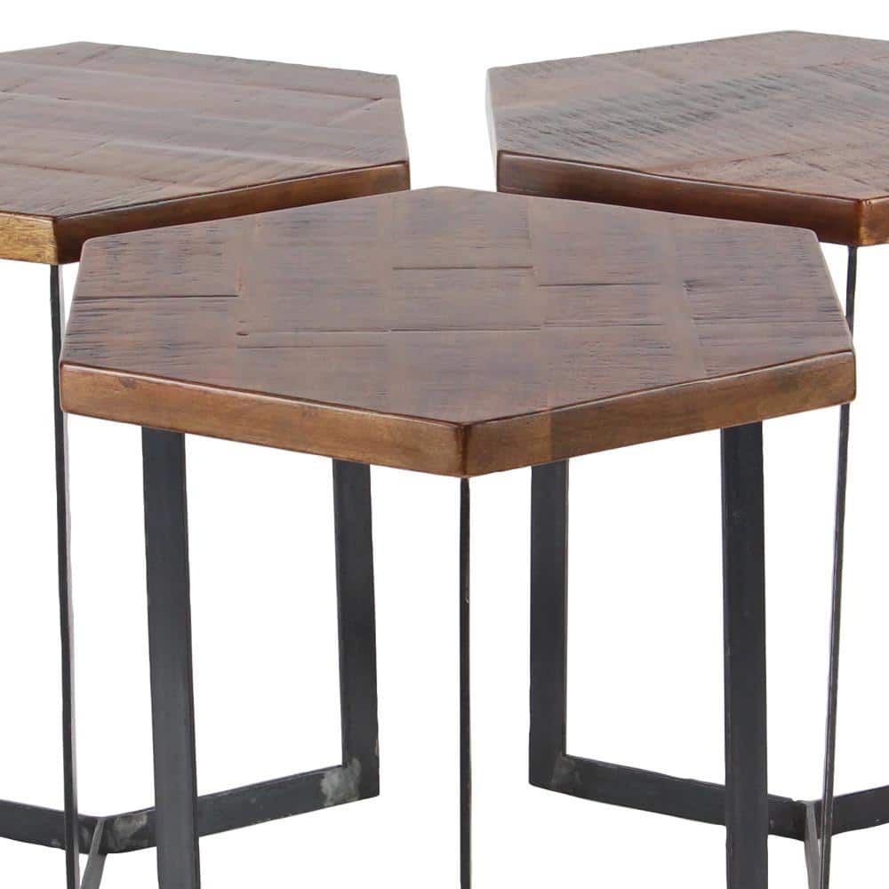 Hexagon Mango Wood and Black Metal Accent Tables, Set of 3