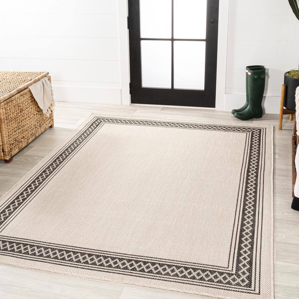 Cream & Black Diamond Border Easy-Care Synthetic Area Rug