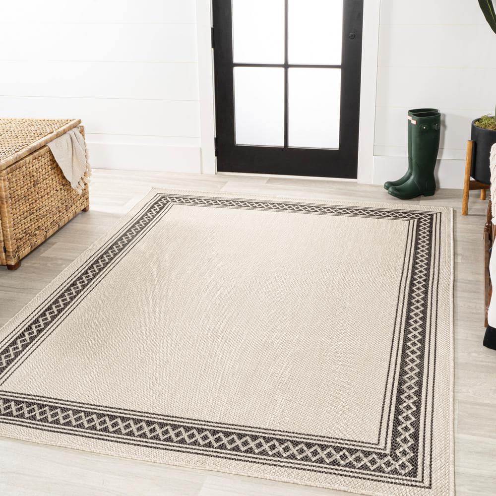 Lucia Modern Diamond Border Cream/Black 8' x 10' Indoor/Outdoor Rug