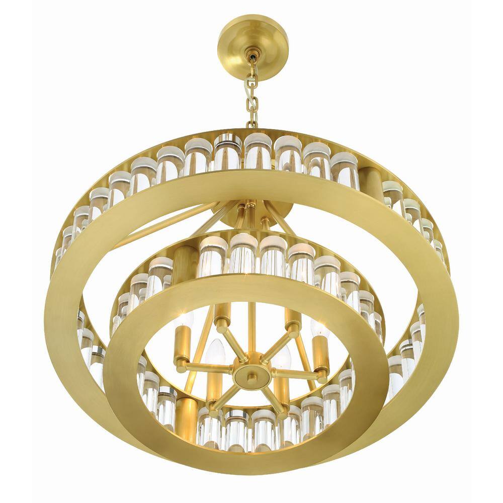 Aged Brass and Crystal 6-Light Two-Tier Chandelier