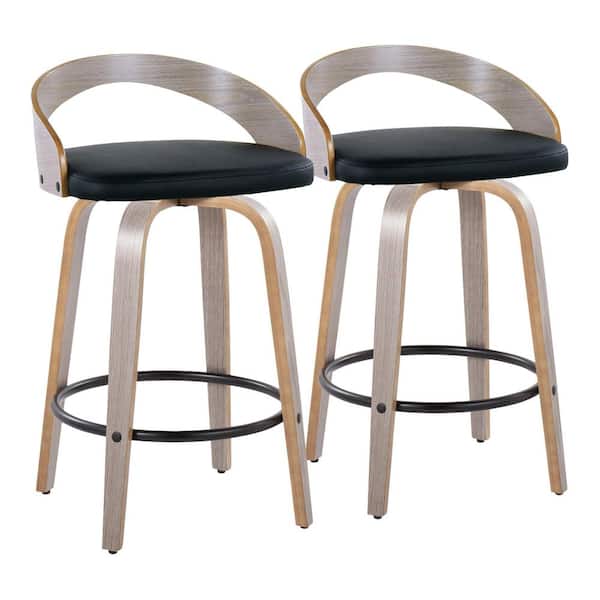 Lumisource Grotto 25.25 in. Black Faux Leather, Lt Grey Wood, and Black Metal Fixed-Height Counter Stool (Set of 2)