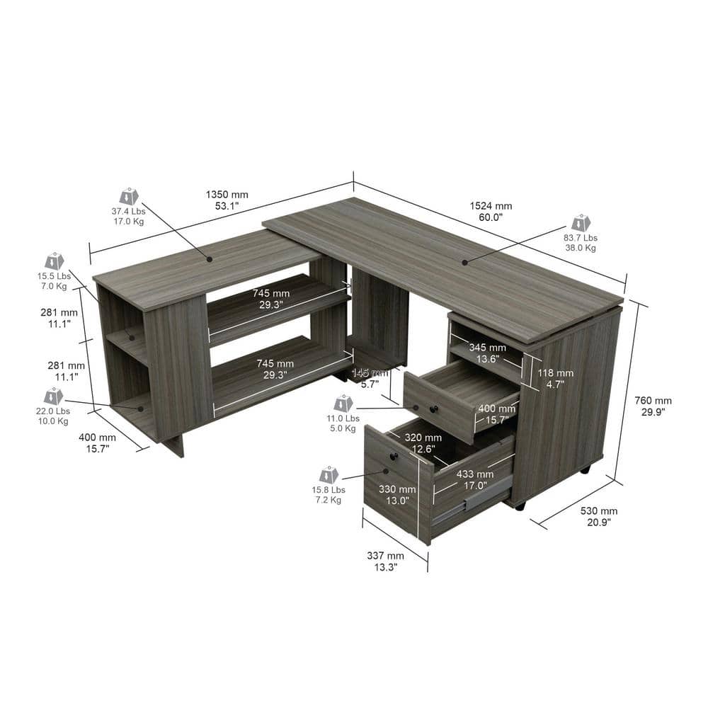 Smoke Oak L-Shaped Computer Desk with Filing Cabinet