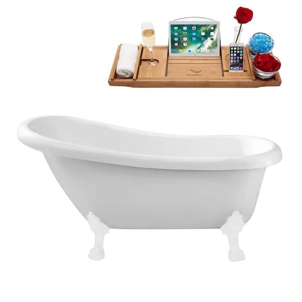 Streamline 61 in. x 27.6 in. Acrylic Clawfoot Soaking Bathtub in Glossy White with Glossy White Clawfeet and Matte Pink Drain