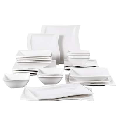 Flora 26-Piece White Porcelain Dinnerware Set Plates and Bowls Set (Service for 6)
