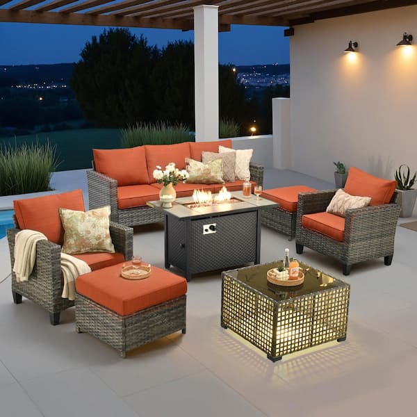 Nvelyn Gray 7-Piece Wicker Patio Fire Pit Table Conversation Set with Orange Red Cushions and Coffee Table