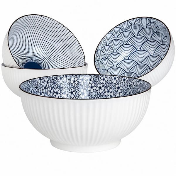 Large Capacity Ramen Pho Bowls, 60 fl. oz. Ceramic, Blue, Soup Bowl, (Set of 3), Daily Use for Hearty Noodle Meals