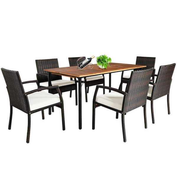 Clihome 7-Piece Wicker Rectangle Table Outdoor Dining Set with White Cushions and Umbrella Hole
