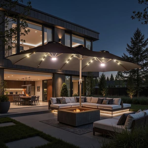 MISO Double Top 14.5 ft. Steel Cantilever Outdoor Patio Umbrella with base and Solar LED in Dark Gray